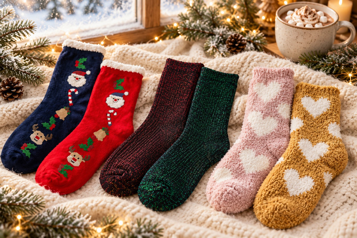 Chaussettes de Noël femme Lou Renard sur un plaid : La Polaire au Père Noël, La Fêtarde à paillettes et L'Affectueuse en pilou-pilou à cœurs