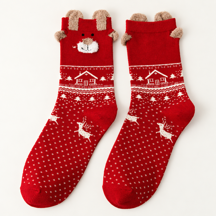 Chaussettes de Noël femme têtes de rennes, Renne rouge – L'Enneigée Lou Renard