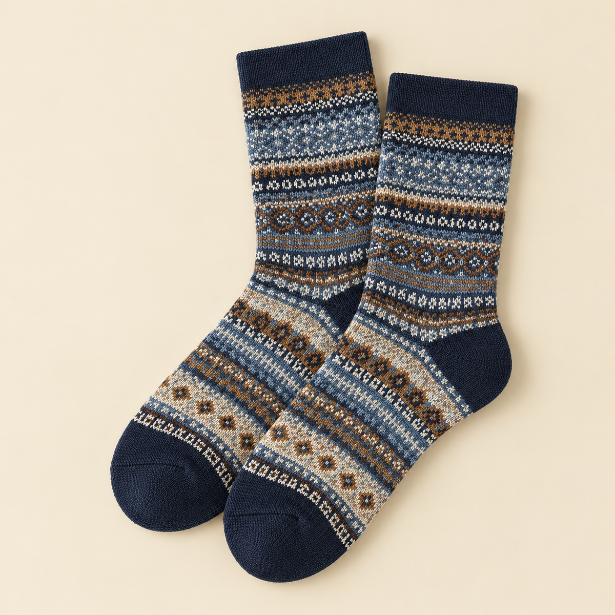 Chaussettes d'hiver femme motifs nordiques, Marron et bleu – La Givrée Lou Renard