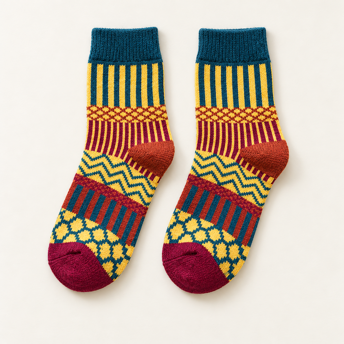 Chaussettes colorées femme motifs graphiques, Jaune – La Chatoyante Lou Renard