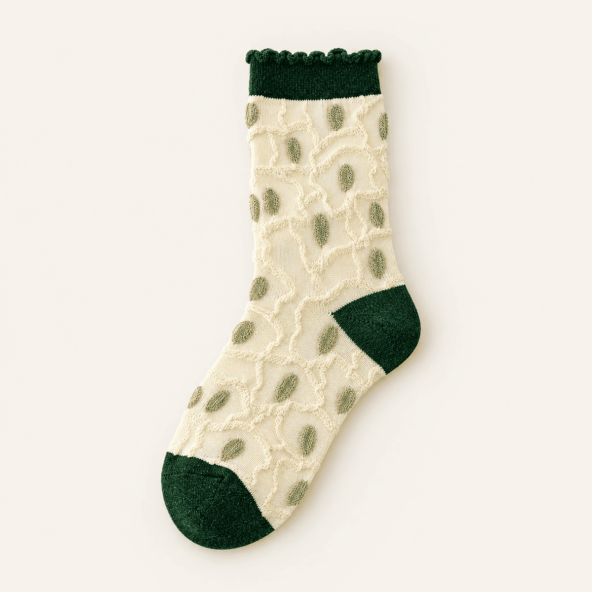 Chaussettes fantaisie femme à fleurs en relief, Pois verts – La Fantastique Lou Renard