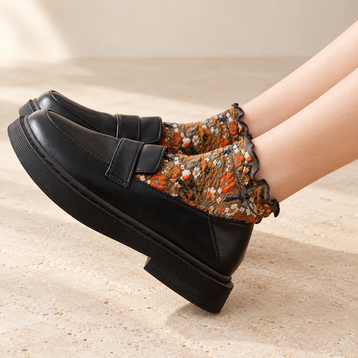 Chaussettes fleuries femme à froufrous – La Mystérieuse Lou Renard