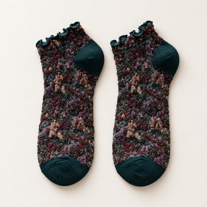 Chaussettes fleuries femme à froufrous, Vert foncé – La Mystérieuse Lou Renard