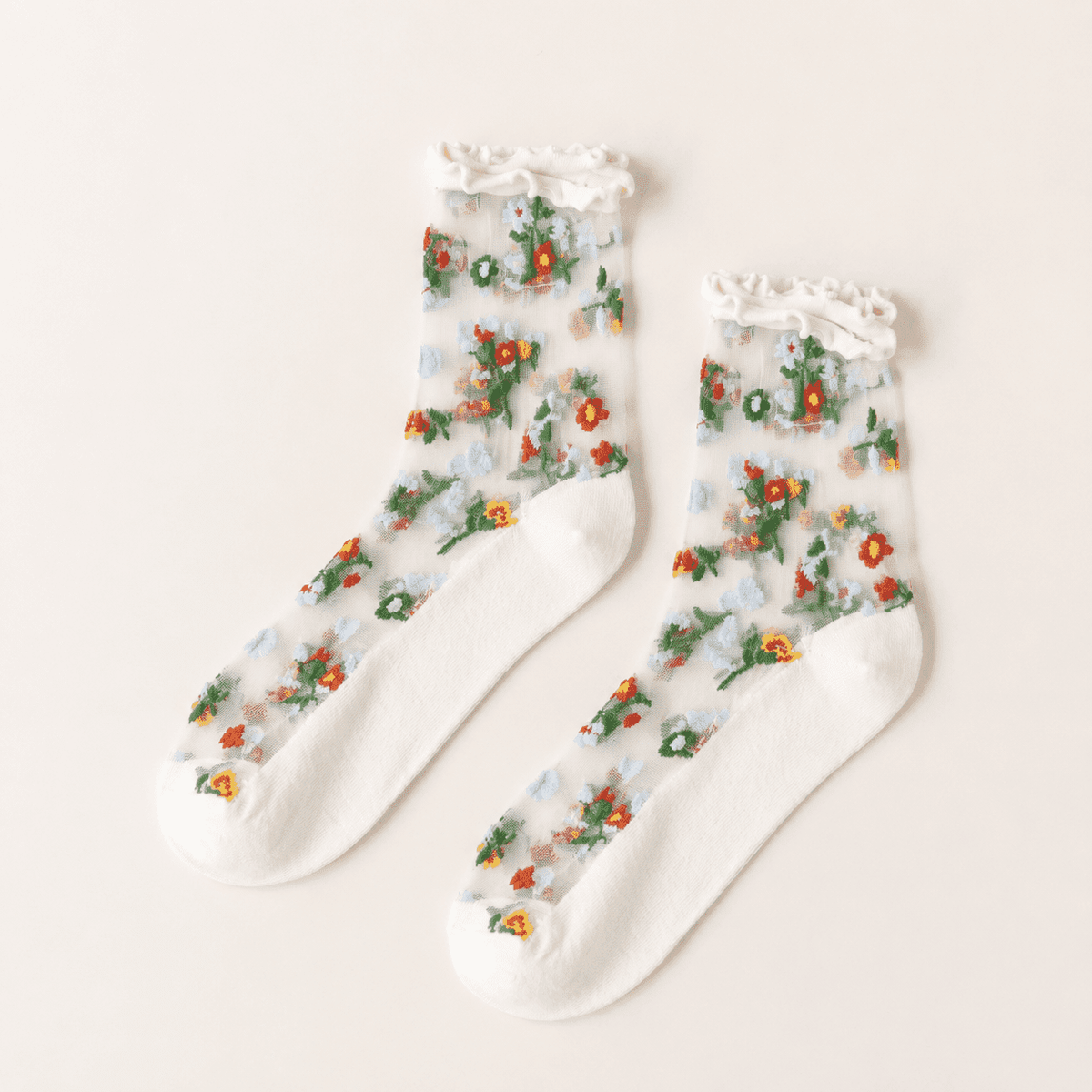 Chaussettes transparentes femme à fleurs, Blanc – La Rayonnante Lou Renard